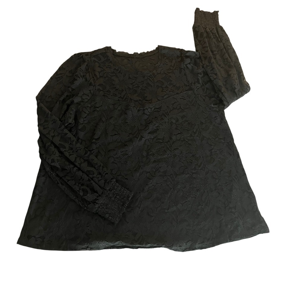 Torrid Black Floral Lace Long Sleeve Smocked Cuff Blouse Top 0 L (1140)
